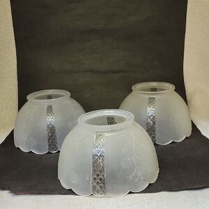 THREE Vintage Frosted Scalloped Raised Etching Glass Light Lamp Shade 7"